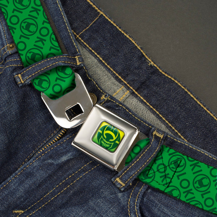 Loki Face Icon Full Color Yellow/Greens Seatbelt Belt - LOKI Text/Icon Monogram Greens Webbing Seatbelt Belts Marvel Comics   