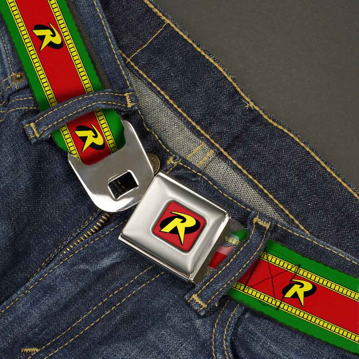 Robin "R" Logo Full Color Red Black Yellow Seatbelt Belt - Robin "R" Logo Stripe Green/Yellow/Red/Black Webbing Seatbelt Belts DC Comics   