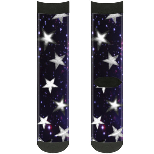 Sock Pair - Polyester - Glowing Stars in Space Black Purple White - CREW Socks Buckle-Down   
