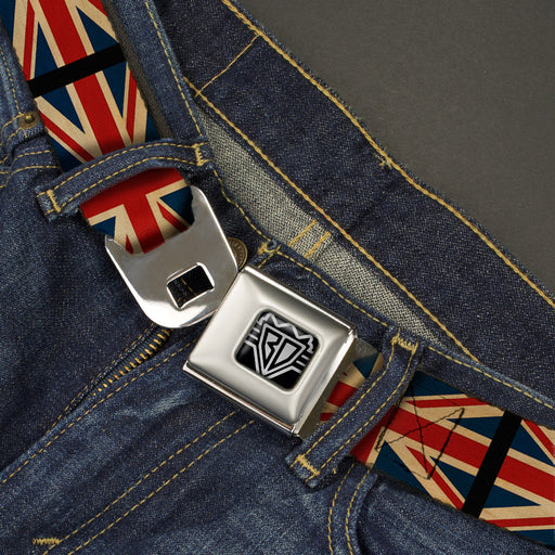 BD Wings Logo CLOSE-UP Full Color Black Silver Seatbelt Belt - United Kingdom Flags Vintage Black Webbing Seatbelt Belts Buckle-Down   