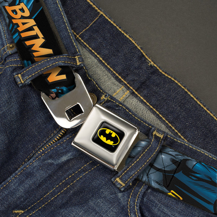 Batman Full Color Black Yellow Seatbelt Belt - BATMAN Action Poses/Bat Signal Black Webbing Seatbelt Belts DC Comics   