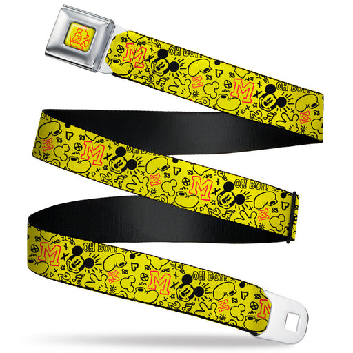 Mickey Mouse Hands Out Pose Outline Yellow/Red Seatbelt Belt - Mickey Mouse Icon Doodles Collage Yellow/Black/Red Webbing Seatbelt Belts Disney   