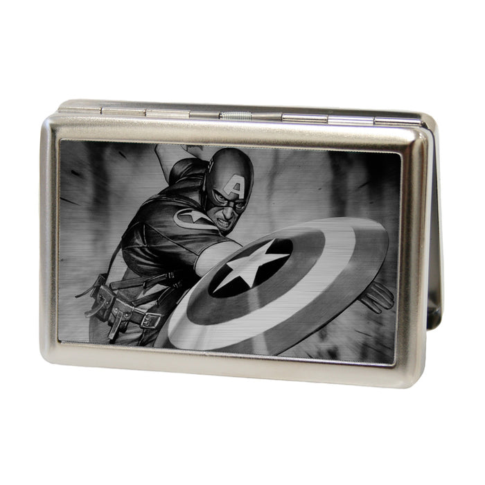 MARVEL UNIVERSE Business Card Holder - LARGE - Captain America Throwing Shield Pose Brushed Silver Metal ID Cases Marvel Comics   