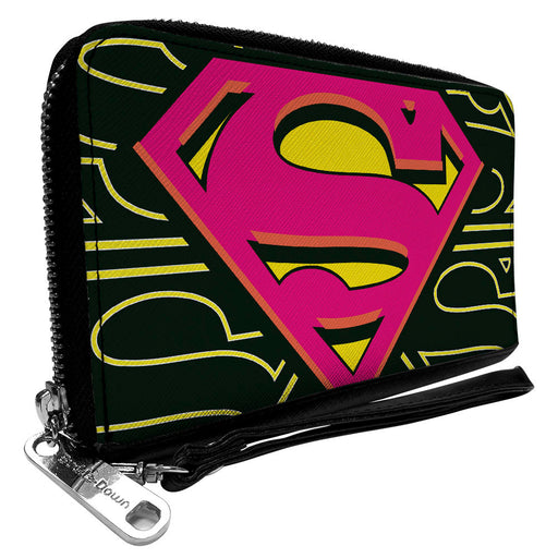 Women's PU Zip Around Wallet Rectangle - Superman Shield CLOSE-UP Outlines Black Yellow Orange Hot Pink Clutch Zip Around Wallets DC Comics   