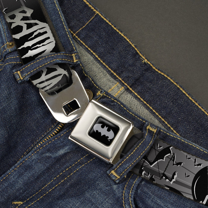 Batman Black Silver Seatbelt Belt - BATMAN w/Bat Signals & Flying Bats Black/White Webbing Seatbelt Belts DC Comics   