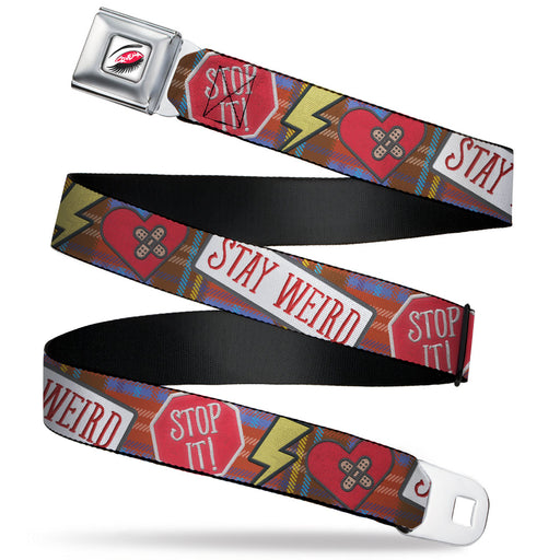 CRUELLA Wink Full Color White/Black/Red Seatbelt Belt - Cruella Rebel Heart Patches Collage Plaid Multi Color Webbing Seatbelt Belts Disney   