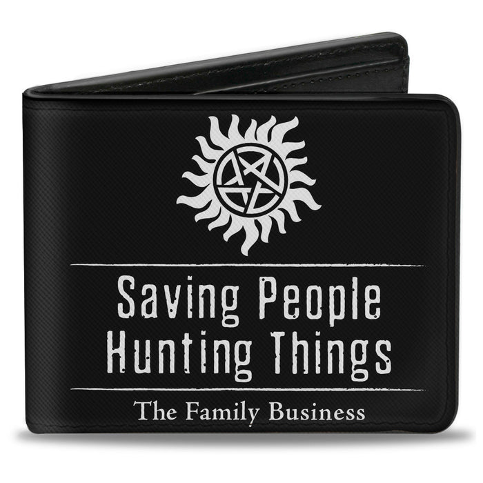 Bi-Fold Wallet - Winchster Pentagram SAVING PEOPLE HUNTING THINGS-THE FAMILY BUSINESS + Logo Black White Bi-Fold Wallets Supernatural   