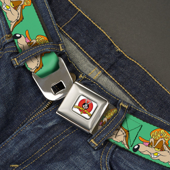 Looney Tunes Logo Full Color White Seatbelt Belt - Wile E. Coyote Hip Hop Expression Green Webbing Seatbelt Belts Looney Tunes   