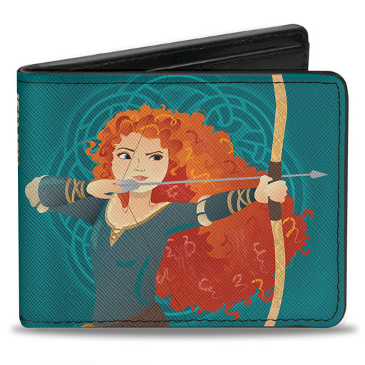 Bi-Fold Wallet - Princess Merida Archer Pose + BRAVE-STRONG-BEAUTIFUL Celtic Knots Aquas Golds Bi-Fold Wallets Disney   