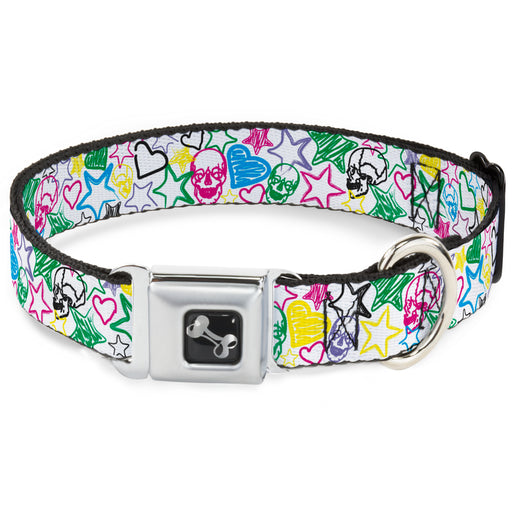 Dog Bone Seatbelt Buckle Collar - Sketch Skull/Star/Heart White/Multi Color Seatbelt Buckle Collars Buckle-Down   