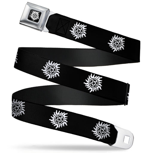 Winchester Logo Full Color Black White Seatbelt Belt - Winchester Pentagram Repeat Black/White Webbing Seatbelt Belts Supernatural   