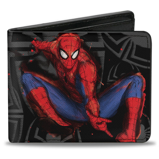 2017 MARVEL SPIDER-MAN Bi-Fold Wallet - Spider-Man Jumping Pose Sketch Scattered Spiders Black Gray Red Blue Bi-Fold Wallets Marvel Comics   