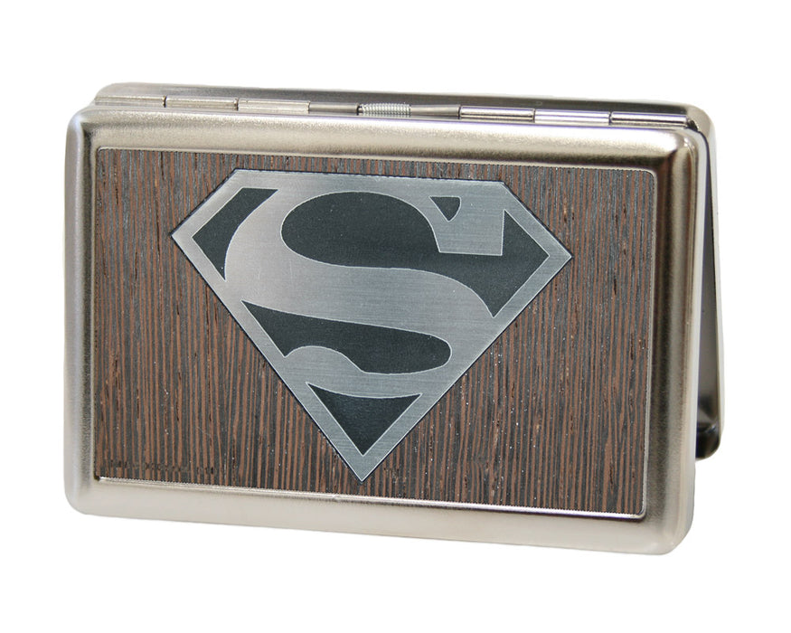 Business Card Holder - LARGE - Superman Logo Marquetry Black Walnut Metal Metal ID Cases DC Comics   