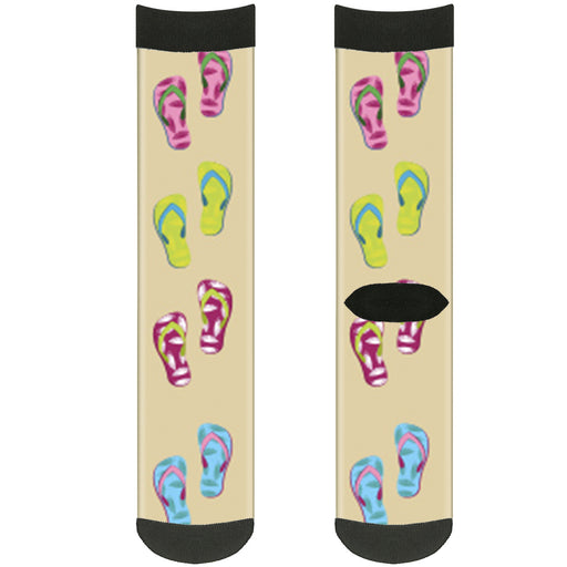 Sock Pair - Polyester - Tropical Flip Flops Tan Multi Color - CREW Socks Buckle-Down   