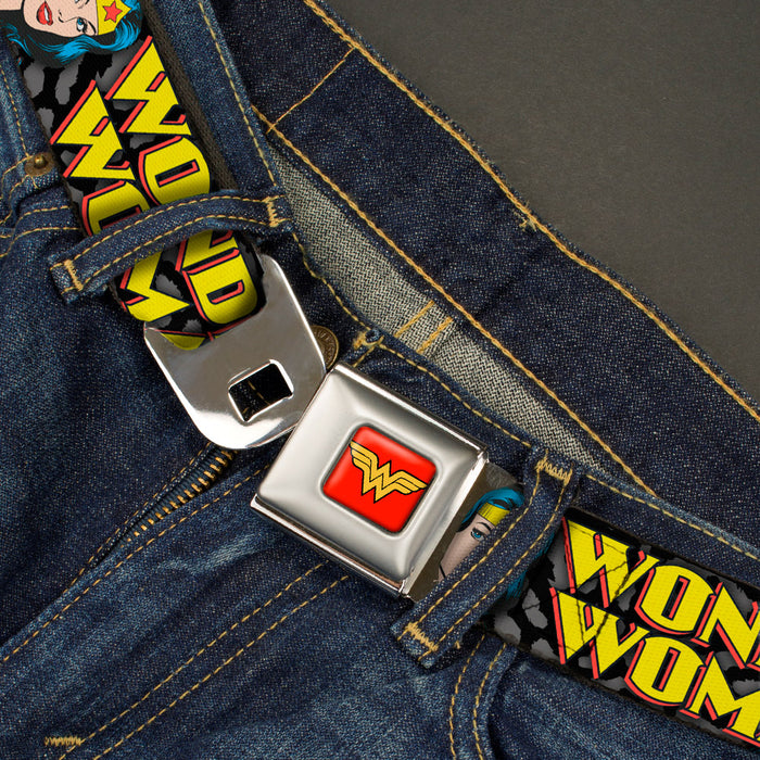 Wonder Woman Logo Full Color Red Seatbelt Belt - WONDER WOMAN w/Face CLOSE-UP Leopard Black/Gray Webbing Seatbelt Belts DC Comics   