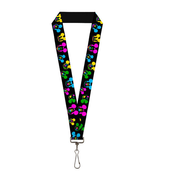 Lanyard - 1.0" - Mickey Mouse Expressions Scattered Black Multi Neon Lanyards Disney   
