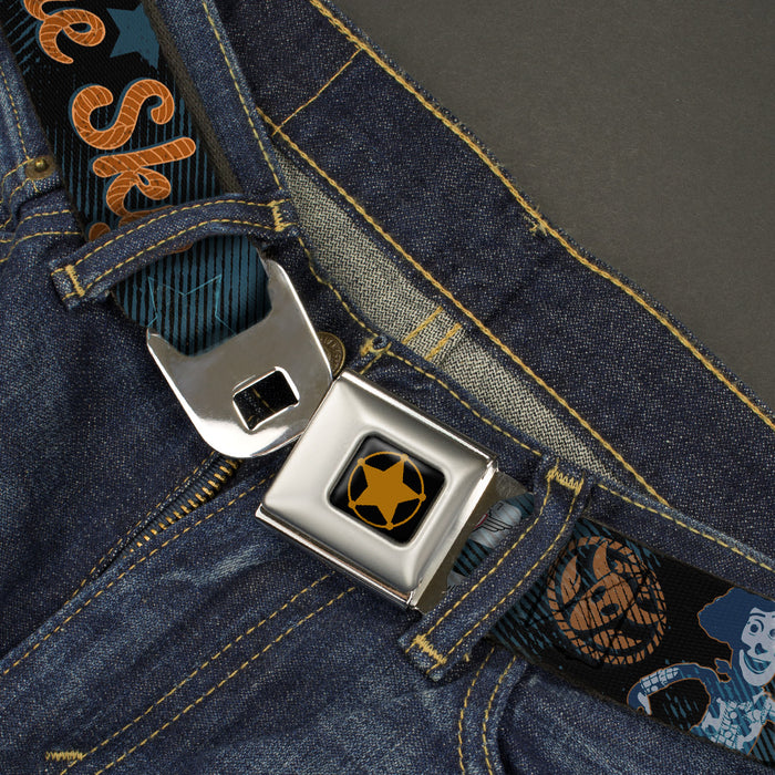 Woody Sherriff Star Reverse Brushed Gold Seatbelt Belt - Woody REACH FOR THE SKY Denim Blue Print Webbing Seatbelt Belts Disney   
