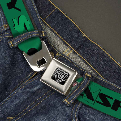 BD Wings Logo CLOSE-UP Full Color Black Silver Seatbelt Belt - CASH MONEY $ Green/Black Webbing Seatbelt Belts Buckle-Down   