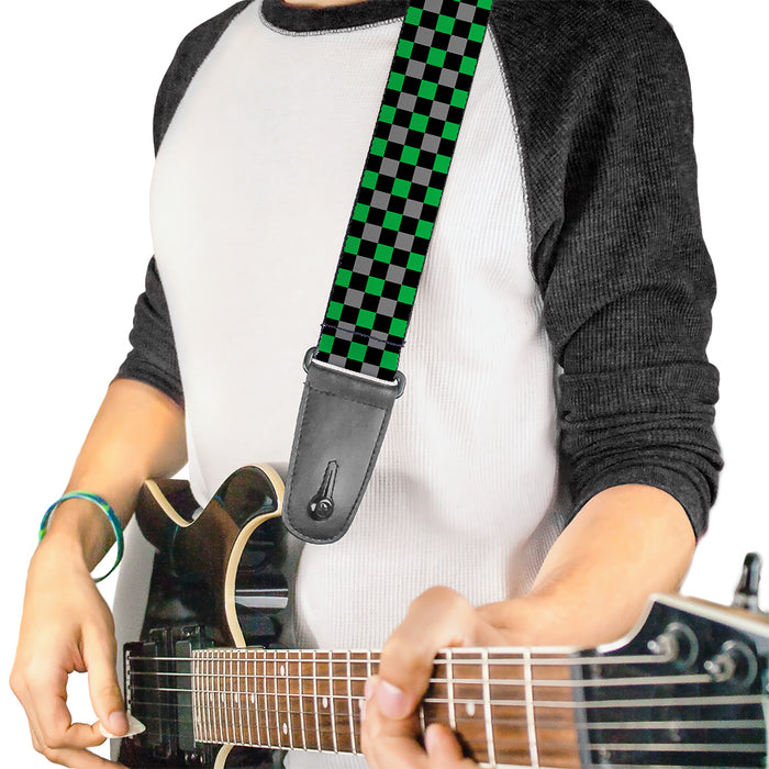 Guitar Strap - Mini Checker Black Gray 3 Green Guitar Straps Buckle-Down   