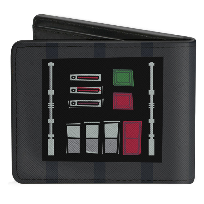 Bi-Fold Wallet - Star Wars Darth Vader Face + Chest Panel Buttons Black Grays Reds Greens Bi-Fold Wallets Star Wars   