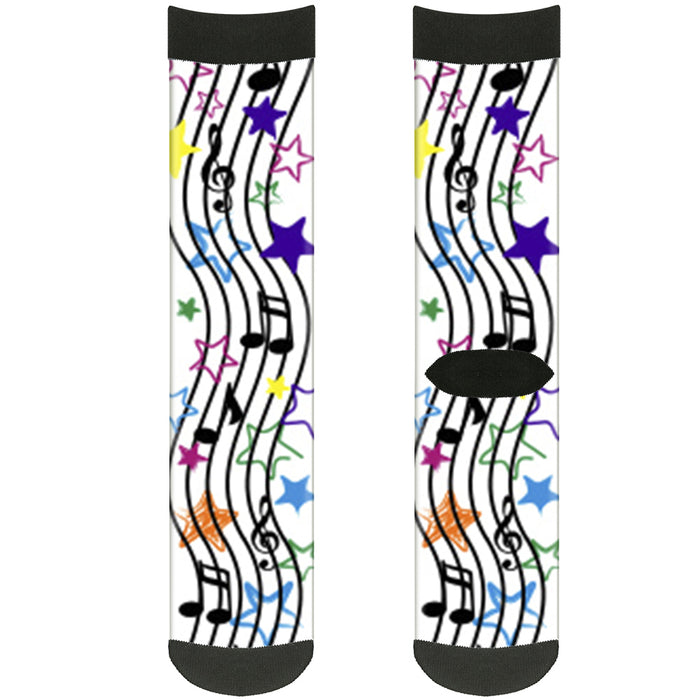 Sock Pair - Polyester - Music Notes Stars White Black Multi Color - CREW Socks Buckle-Down   