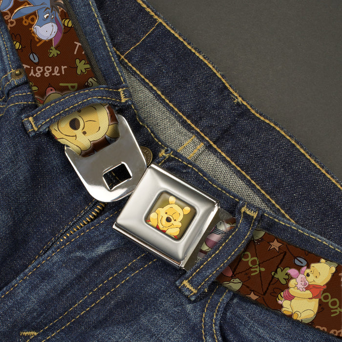 Winnie the Pooh Face Full Color Radial Brown Fade Seatbelt Belt - Winnie the Pooh Character Poses Webbing Seatbelt Belts Disney   