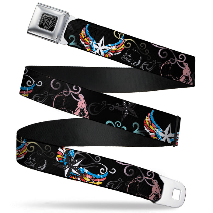 BD Wings Logo CLOSE-UP Full Color Black Silver Seatbelt Belt - Die Hard Skulls & Stars2 Black/Multi Color Webbing Seatbelt Belts Buckle-Down   