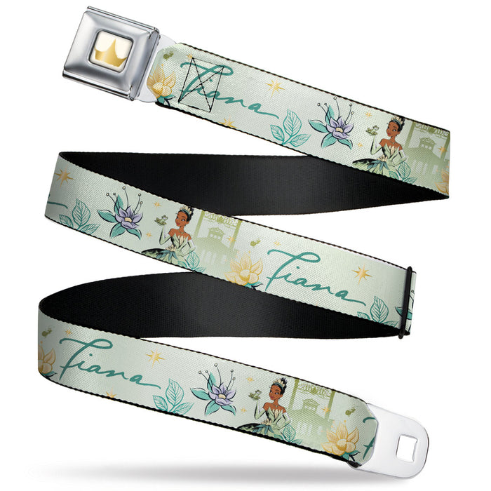Disney Princess Crown Full Color Golds Seatbelt Belt - The Princess and the Frog Tiana Palace Pose with Script and Flowers Greens Webbing Seatbelt Belts Disney   