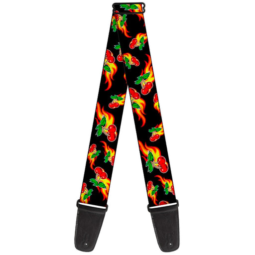Guitar Strap - Flaming Cherries Scattered Black Guitar Straps Buckle-Down   