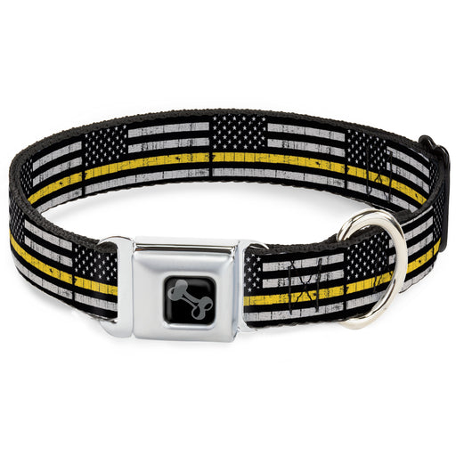 Dog Bone Black/Silver Seatbelt Buckle Collar - Thin Yellow Line Flag Weathered Black/Gray/Yellow Seatbelt Buckle Collars Buckle-Down   
