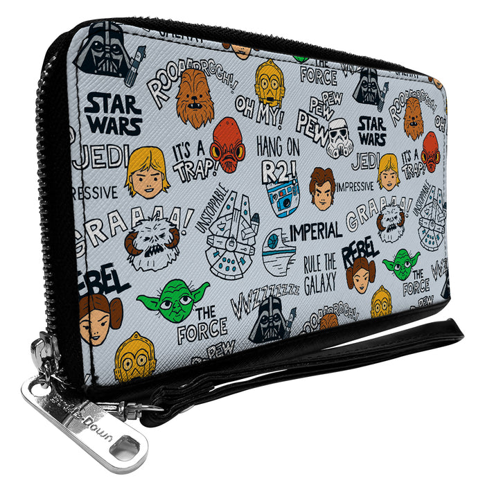 Women's PU Zip Around Wallet Rectangle - Star Wars Characters and Quotes Cartoon Collage Gray Clutch Zip Around Wallets Star Wars   