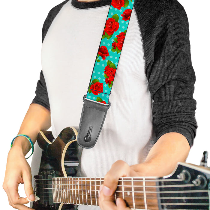 Guitar Strap - Red Roses Polka Dots Turquoise Guitar Straps Buckle-Down   