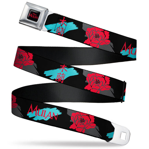 Disney MULAN Logo Full Color Black/Red Seatbelt Belt - MULAN Text/Kanji/Flower Black/Gray/Turquoise/Red Webbing Seatbelt Belts Disney   