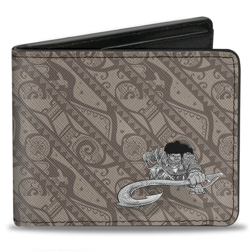 Bi-Fold Wallet - Moana Maui Pose Tribal Stripe Collage Tans Grays Bi-Fold Wallets Disney   