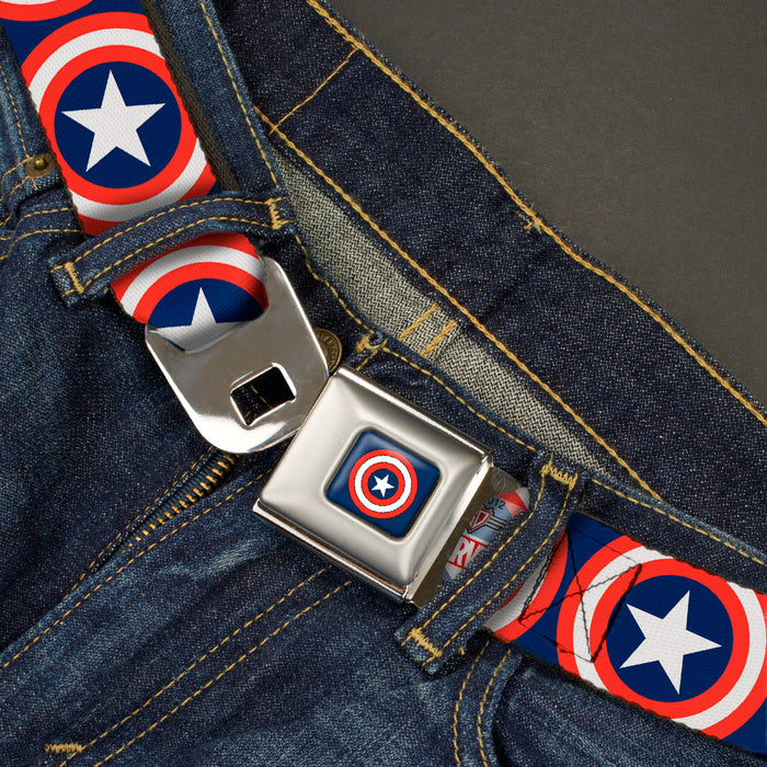 MARVEL COMICS Captain America Shield Full Color Navy Seatbelt Belt - Captain America Shield Repeat Navy Webbing Seatbelt Belts Marvel Comics   