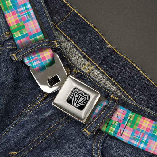 BD Wings Logo CLOSE-UP Full Color Black Silver Seatbelt Belt - Madras Plaid Pink Webbing Seatbelt Belts Buckle-Down   