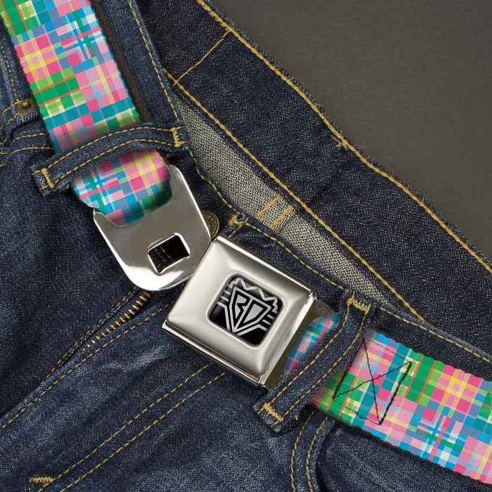 BD Wings Logo CLOSE-UP Full Color Black Silver Seatbelt Belt - Madras Plaid Pink Webbing Seatbelt Belts Buckle-Down   