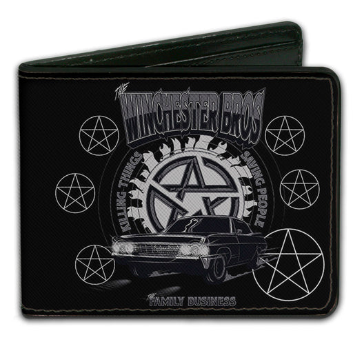 Bi-Fold Wallet - Supernatural THE WINCHESTER BROS Impala Pentagrams Scattered Black Grays White Bi-Fold Wallets Supernatural   