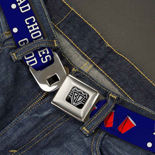 BD Wings Logo CLOSE-UP Full Color Black Silver Seatbelt Belt - Beer Pong BAD CHOICES CREATE GOOD STORIES Blue/White/Red Webbing Seatbelt Belts Buckle-Down   