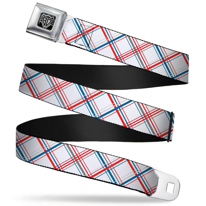 BD Wings Logo CLOSE-UP Full Color Black Silver Seatbelt Belt - Plaid X White/Red/Turquoise/Gray Webbing Seatbelt Belts Buckle-Down   