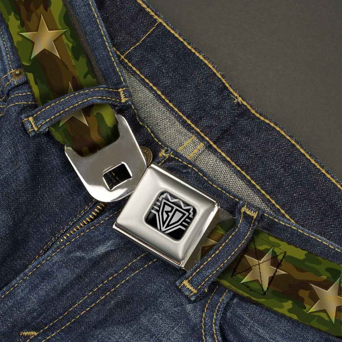BD Wings Logo CLOSE-UP Full Color Black Silver Seatbelt Belt - Star Camo Olive/Gold Webbing Seatbelt Belts Buckle-Down   