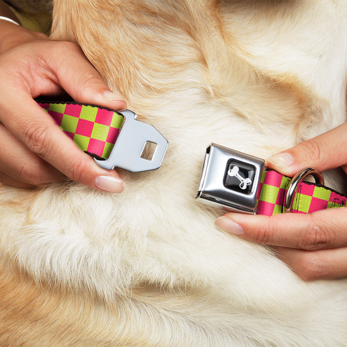 Dog Bone Seatbelt Buckle Collar - Checker Fluoresecent Pink/Yellow Seatbelt Buckle Collars Buckle-Down   