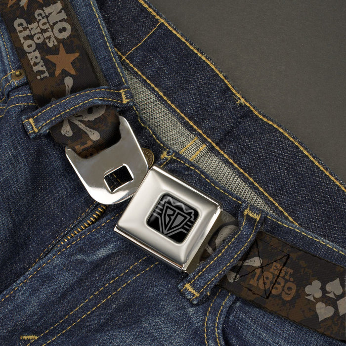 BD Wings Logo CLOSE-UP Black/Silver Seatbelt Belt - Western NO GUTS NO GLORY Skull and Crossbones Browns/Gray Webbing Seatbelt Belts Buckle-Down   