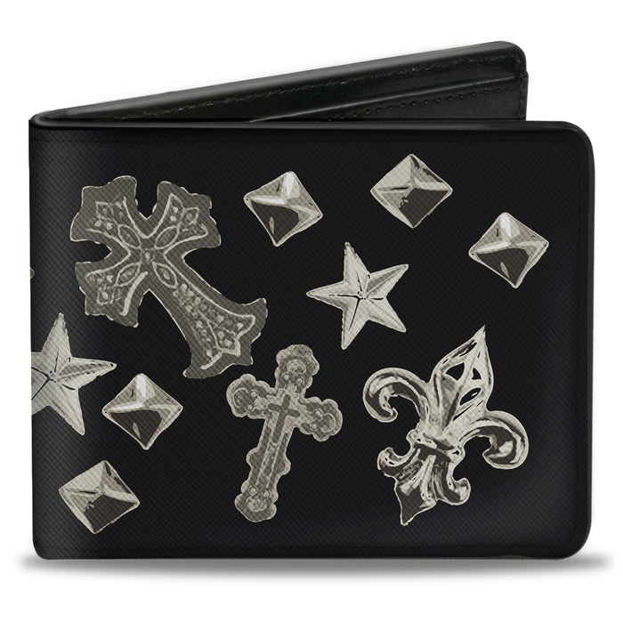 Bi-Fold Wallet - Elegant Crosses Stars Studs Black Grays Bi-Fold Wallets Buckle-Down   